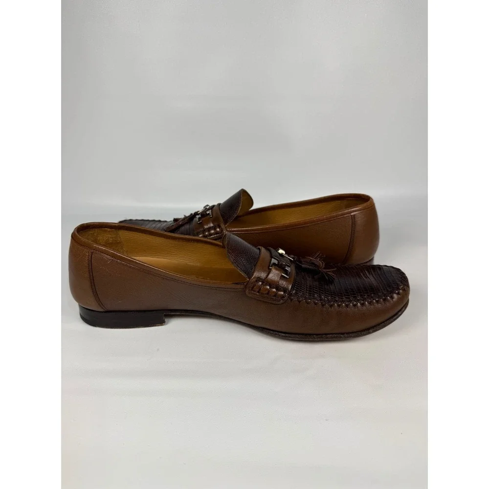 Mezlan Cafaro Brown Genuine Lizard Leather Tassel Loafer Shoes‎ Mens Size 10